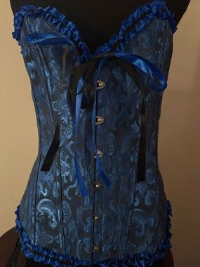 Blue Satin Brocade Corset Bustier with Ruffle Trim Lolita